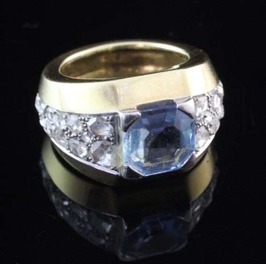 A 1940s continental 18ct gold, aquamarine and diamond dress ring, size I.